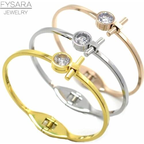 FYSARA Trendy Strip Round Austrian Crystal Bangles & Bracelets Stainless Steel Bangles Women Classic Brand Cuff Bangle Wholesale
