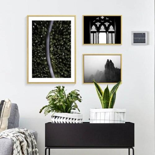 Black And White Landscape Forest Mountain Decoration Painting Living Room Retro Architecture Canvas Wall Picture Printing Poster