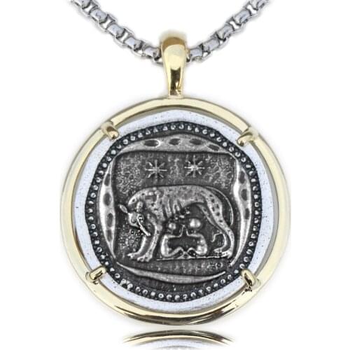 Ancient Coin She-Wolf Necklace Medallion pendant Capitoline suckling Wolves Depicting 4th century A.D. Roman Jewelry