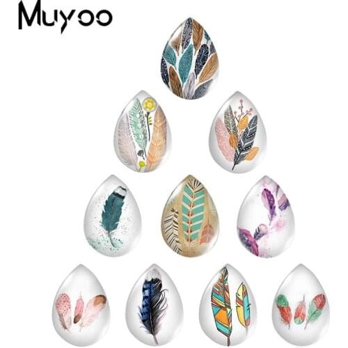 2019 New Feathers Art Glass Cabochon Clolor Feather Tear Drop Cabochons Handmade Photo Jewelry