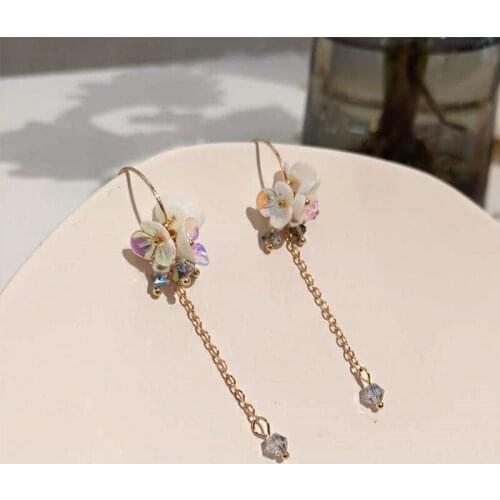 Korean Shell Flowers Tassels Hook Earrings Gold Color Chain Crystal Flowers Drop Earrings for Women Girl Wedding Bridal Jewelry