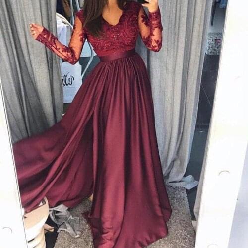 Lace prom dresses 2020 v neck long sleeve side slit evening dresses gowns formal dresses arabic