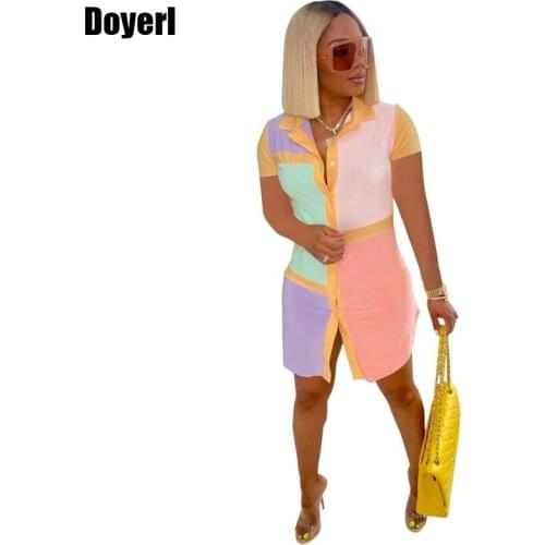 Patchwork Shirt Dress Women Summer Casual Button Up Short Sleeve Shirt Dress Streetwear Women Blouses Bodycon Mini Shirt Dress