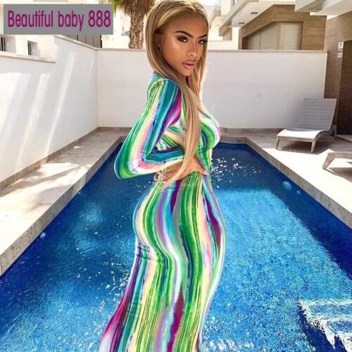 Meqeiss 2020 new fashion streetwear party elegant outfits colorful print V-neck bodycon long dress women Sexy long sleeve dress