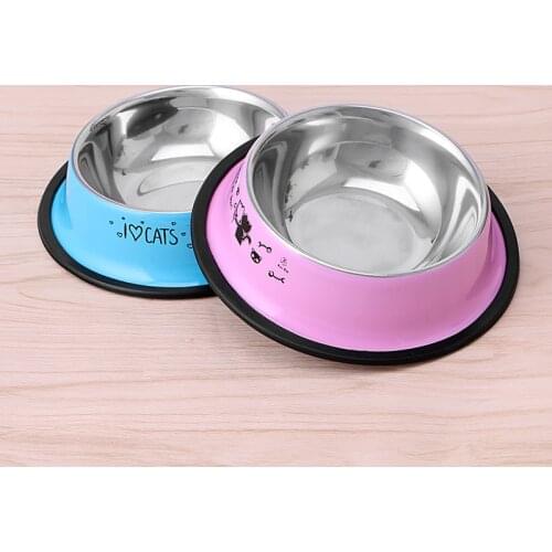 Cute Dog Cat Stainless Steel Bowl Anti-skid Pet Food Water Dish Pet Feeding Tool 2 Colors