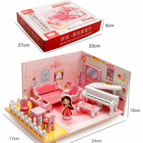 Dollhouse Miniature 3D Musicing Licing Room Model Building Kits Children Educational Miniature Doll Furniture Wooden Blocks Toys