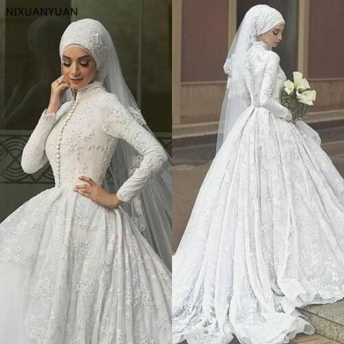 High Quality A-Line White Chiffon Bridal Gowns Long Sleeve Muslim Wedding Dress with Hijab Embroidery Arabic Wedding Dress