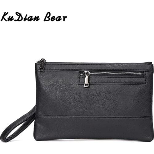 KUDIAN BEAR Business Men Clutch Bag Fashion Male Wristlet Handbag Simple Black PU Leather Envelope Bags For Phone BIX361 PM49