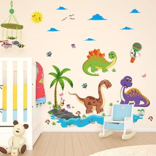 Cartoon Dinosaur Coconut Palm Tree Wall Stickers for Boys Girls Room Nursery Decor Stegosaurus Pterosaur Paradise Wall Graphic