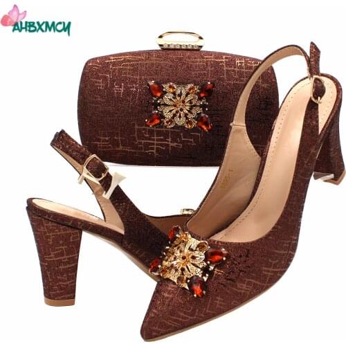 Latest Mature Women Shoes Matching Bag in Coffee Color Special Design High Quality Sandals for Wedding Party