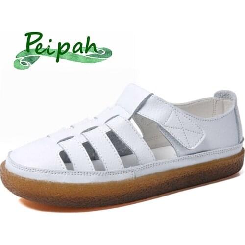 PEIPAH Summer 2019 New Type Leather Flat-soled Hollow-out Single Shoe Womens Leisure Button Large Size Hook & Loop Sandals
