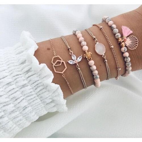 Pink Natural Stone Beads Gem Turtle Bracelet For Women Fashion Hexagon Hollow Scallop Tassel Bracelets Sets Jewelry Party Gifts