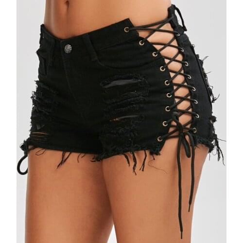Sexy Women Denim Shorts 2021 Summer New Black Blue High Waist Ripped Short Casual Jeans Tassel Lace Up Bandage Hotpants