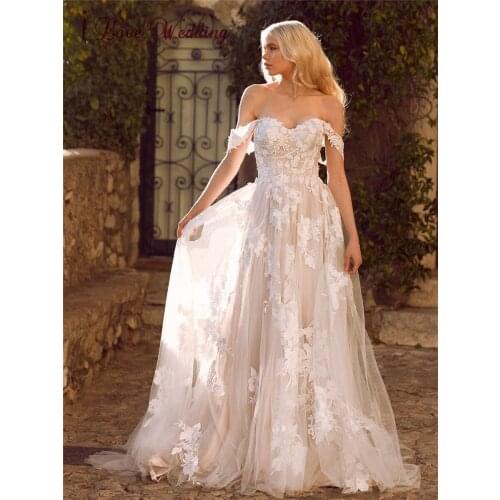 Wedding Dress A-Line Sweetheart Off the Shoulder See Through Romantic Applique Lace Bridal Long Maxi Skirt Vestido De Noiva 2021