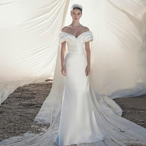 Ivory Wedding Dresses 2021 Soft Satin V Neck Sheath Bridal Gowns Off The Shoulder Princess Formal Wedding Party Dress