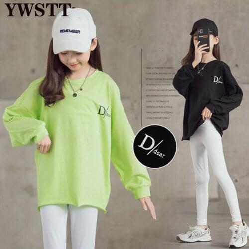 Teen Girl Loose Long-Sleeve T-shirt 2021 Long Girls Teen Spring Long Shirt Letter 100% Cotton Tops Kids Basic Cotton Sport Tops