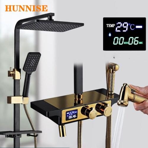 Thermostatic Shower Set Luxury Digital Bathroom Shower Mixer Set Solid Brass Bathtub Faucets Black Gold Digital Shower Set