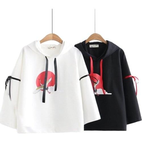 Student Loose Harajuku Hoodies Print Hooded Sweatshirts Women 2021 Summer New Japanese Mori Female Sleeves Lace-Up Girl Tops