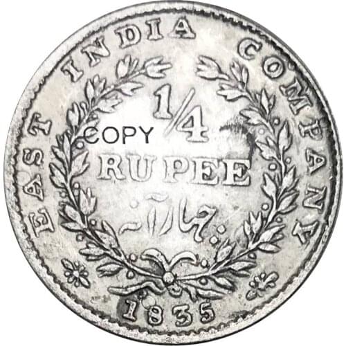 East India Company 1835 1/4 Rupee Brass Silver Plated Willam IIII King Copy Coin