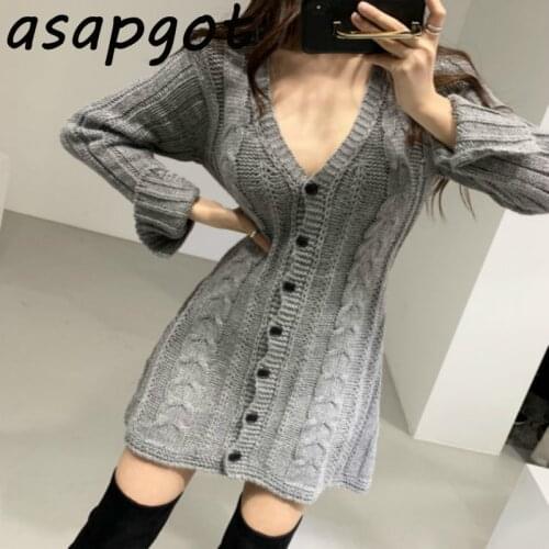 Autumn Winter Sweater Dress V Neck Slim Empire Waist Single-breasted Above Knee Twist Knitted Sweater Dress Qualities Loose
