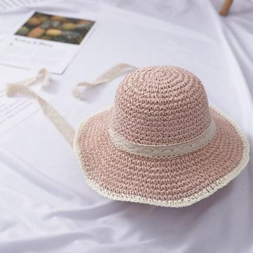 XEONGKVI European Double-color Hollow Out Fold Children Sun Hats Spring Summer Brand Bud Silk Ribbon Straw Hats For Girl 51-52cm