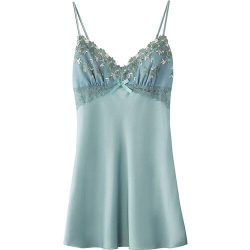 Halter Embroidery Flowers Women Nightgown Sexy Sleeveless Faux Silk Nightdress Short Sleepshirts Summer Underwear Home Skirt