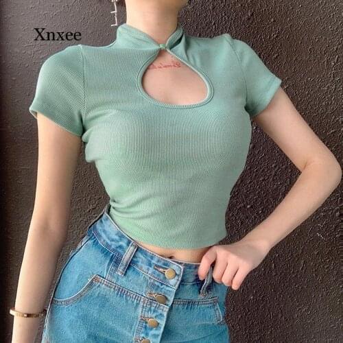 Chinese Style Casual Black Women T-Shirts Harajuku Short Sleeve Crop Top t Shirt Hollow Out Sexy Tee Shirt Summer
