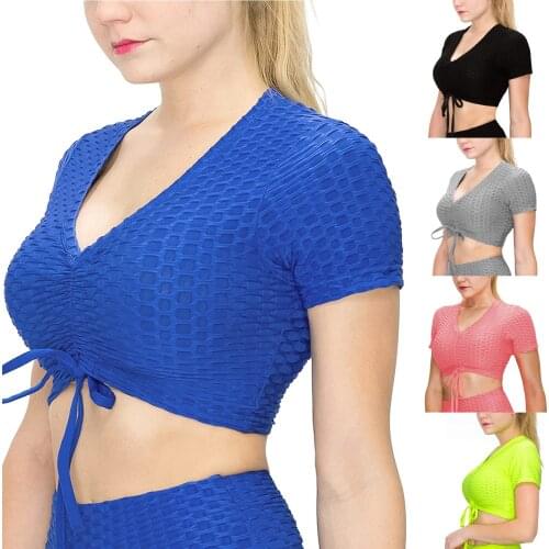 Womens Yoga Crop Tops Short Sleeve Ruched Drawstring Front Solid Color Textured T-Shirts