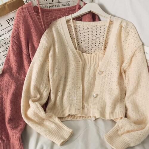 Set Cardigans female 2021 summer hollow perspective thin single-breasted long-sleeved knitted top with short slim sling cardigan