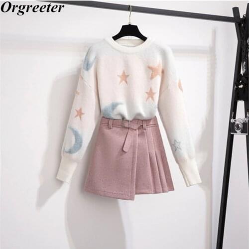 Chic Stars and moon Jacquard O-neck Long-sleeved Loose Warm Sweater 2 piece Belt Woolen Pleated Pink Mini Skirt Sets Women