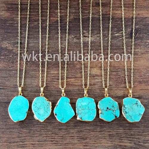 WT-N450 Hot sales natural green howlite link chain necklace 24k fashion gold electroplated 18" long single howlite necklace