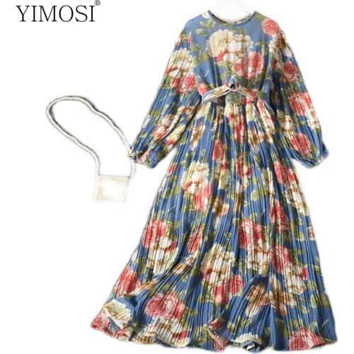 2021 Korean Women Chiffon Long Dress Ladies Lantern Sleeve A Line Printed Maxi Dress Female Vintage Floral Dress With Belt