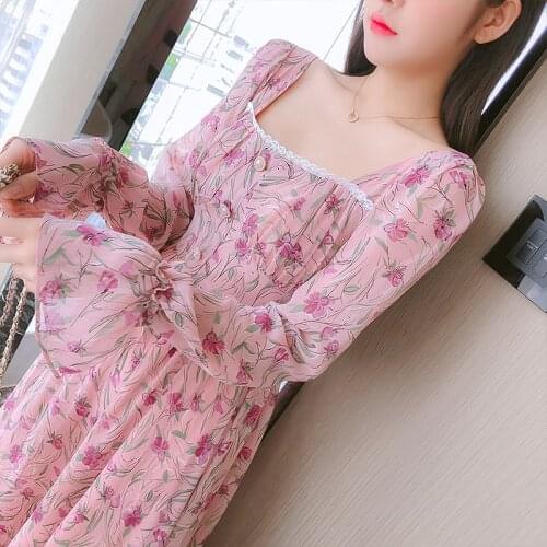 Fall 2020 Retro Fashion Square Neck Pearl Buttons French Style Floral Chiffon Dress High Waist Slim Mid Dress Vestidos Robe