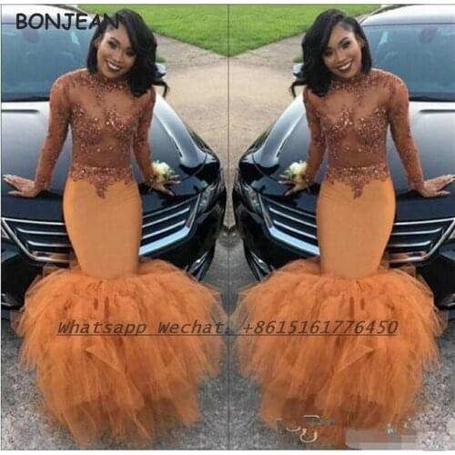 Orange Evening Dress Mermaid 2021 Sexy Long Sleeves V Neck Floor Length Lace Beads Formal Evening Gown for Women