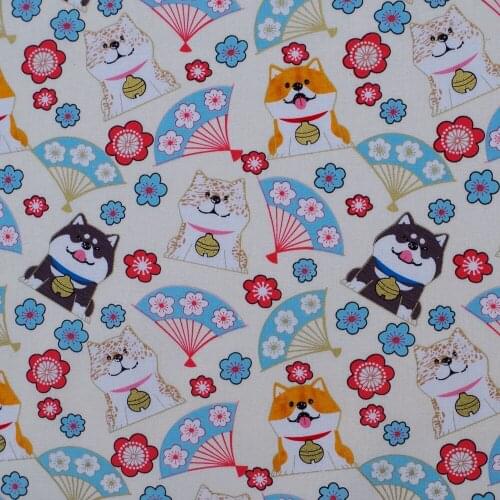 1 yard Printed Cotton Woven Fabric - Lucky Cats, Fan and Flower on Light Yellow Background (width=140cm)