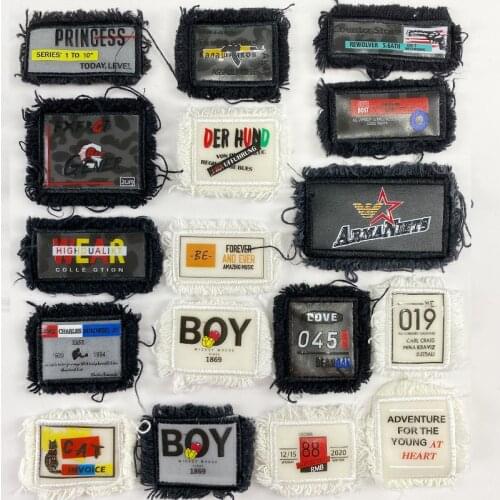 100pcs/lot Fashion Print Leather Label Patch Black White Jeans Raw Edge Letter Clothing Decoration Backpack Diy Applique