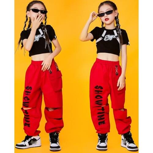 2021 Jazz Modern Dance Costumes For Girls Black Crop Tops Red Cargo Pants Hiphop Dancers Outfits Hip Hop Rave Clothes DQS7576