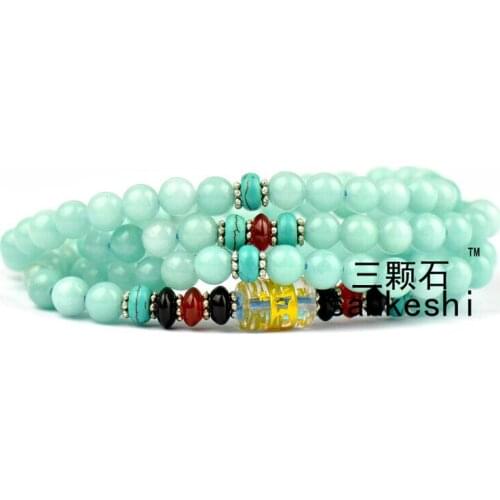 6mm Tibetan Buddhism 108 Aquamarine Amulet Mala Necklace
