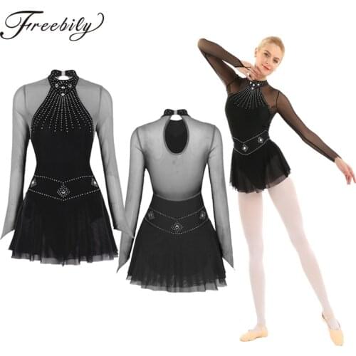 Adult Shiny Rhinestones Long Sleeve Mesh Splice Ballet Gymnastics Leotard Women Figure Skating Dress Competition Dance Costumes