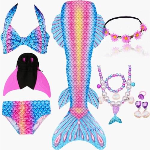 Kids Girls Pink Colors series Mermaid Tails with Fin Swimsuit Dress for Girls With Flipper Monofin For Swimming with Necklace
