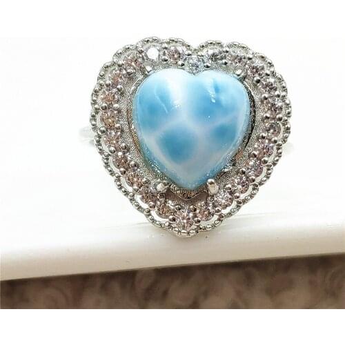 Dominia Namibia Natural Larimar Blue Heart Adjustable Ring 10x10mm Water Pattern Love Larimar 925 Sterling Silver AAAAAA