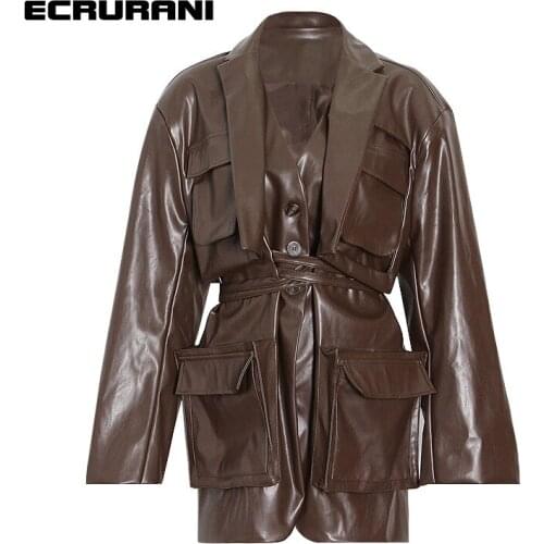 ECRURANI Vintage Patchwork Blazer For Women Notched Collar Long Sleeve Tunic Casual Solid Blazers Females 2021 Fashion New Style