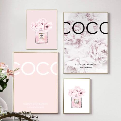 Pink Flowers Background Fashion Coco Quotes Art Canvas Painting Nordic Posters and Prints Wall Pictures for Living Room Decor