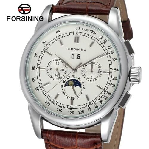 Forsining Mens Watch Latest Automatic Business with Moon Phase Brown Genuine Leather Strap Wrist Watch Color Silver FSG319M3S2