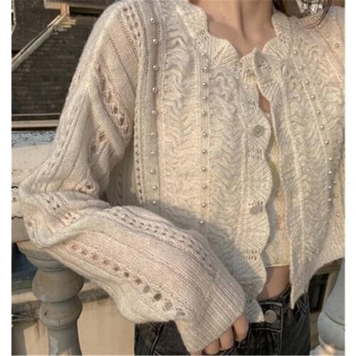 Korean Basic Cardigan Women Hollow Out Solid Sexy Ladies New Fashion Leisure Slim Popular Vintage Elegant O-Neck All-match tops