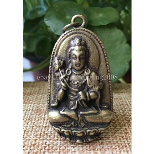 China Pure Copper Brass Padmapani Kwan-Yin Buddha Amulet Statue Pendant
