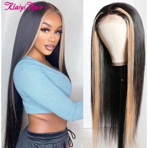 Klaiyi Straight Hair T Part Lace Wig Brazilian Hunman Hair Wigs For Women 14-24 Inch Face Frame Highlight Wig Natural Remy Hair