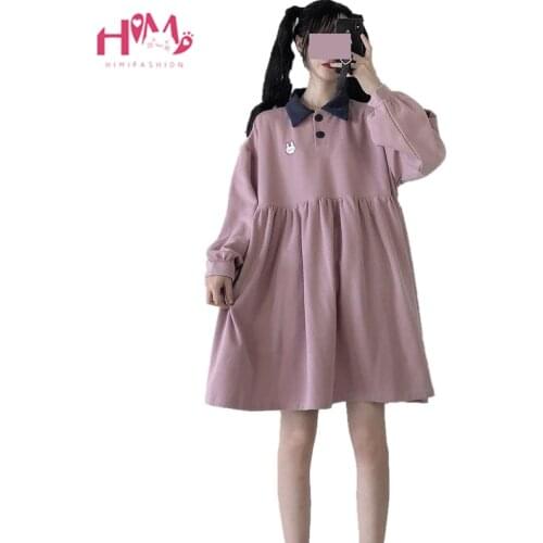 Cute Cartoon Rabbit Pink Hoodie Dress Teenage Girl Kawaii Bear Bunny Casual Pullover Navy Blue Long Sleeve Mini Dresses 2021