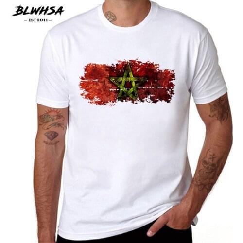 BLWHSA Morocco Flag Printing T shirt Men Casual Short Sleeve Round Neck Cotton Funny T-shirts Summer Morocco Flag Men Tees