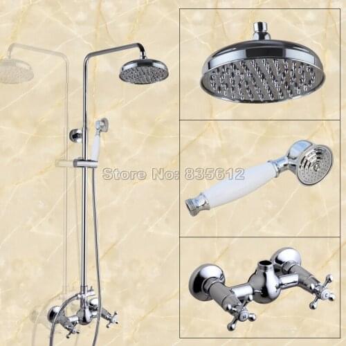 Wall Mounted NEW Chrome Bathroom 8 inch Rain Shower Head Faucet Dual Cross Handles Mixer Tap with Ceramic Hand Spray Wcy302